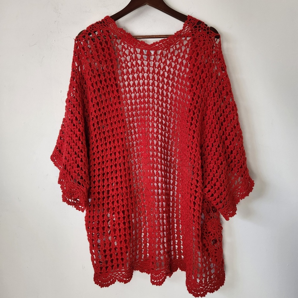 Red Floral Crochet Cardigan Sz 22/24 Boho Whimsigoth Kimono Open Front Festival - Picture 2 of 13